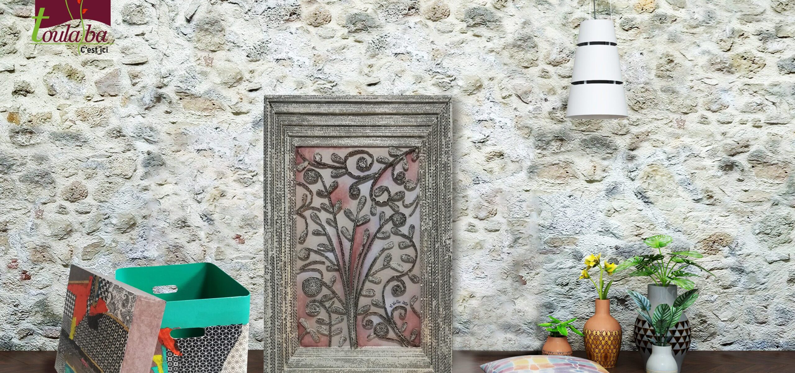 Assise/pouf de rangement, Tableau en relief arbre de vie (en carton)